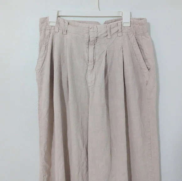 Free People Calla Pleated Trousers Pants Mid Rise Tapered Linen Blend Khaki 12 - Picture 3 of 12